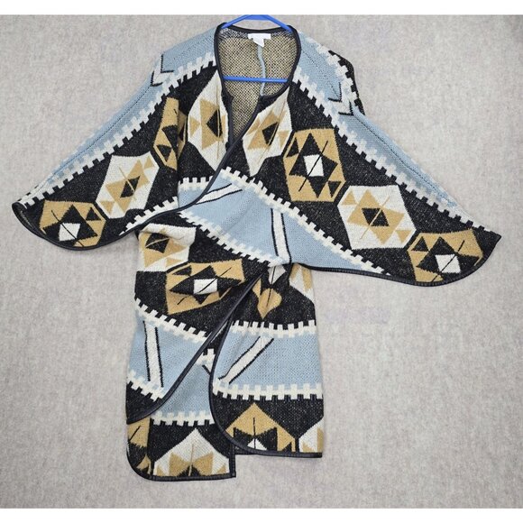 H&M Geometric Tribal Print Wrap Cardigan Blue/Beige Black Contrast Trim Made In - Picture 1 of 8
